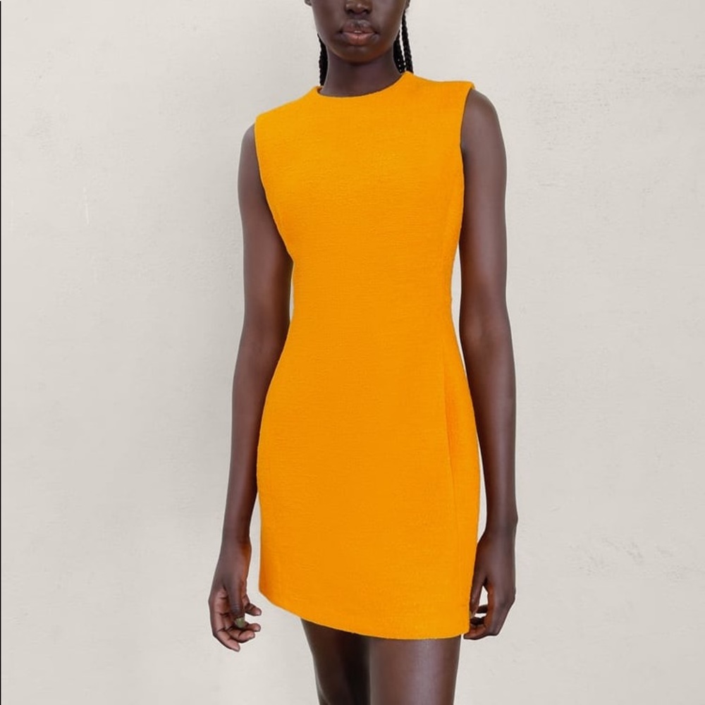 Zara Tweed TEXTURED SHORT MINI DRESS ROUND NECK ORANGE SIZE M NEW